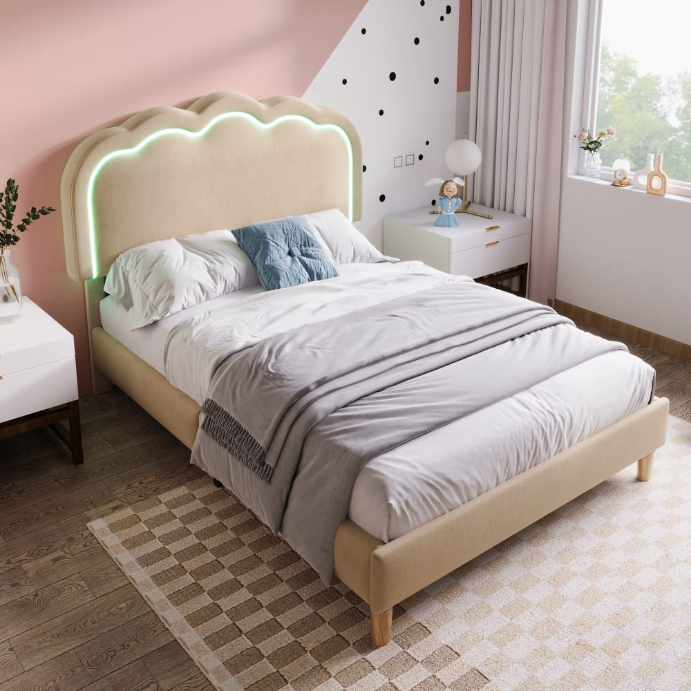 MODFU Kinderbett Holz 90x190 cm, beige mit LED style modern Leinen Baby