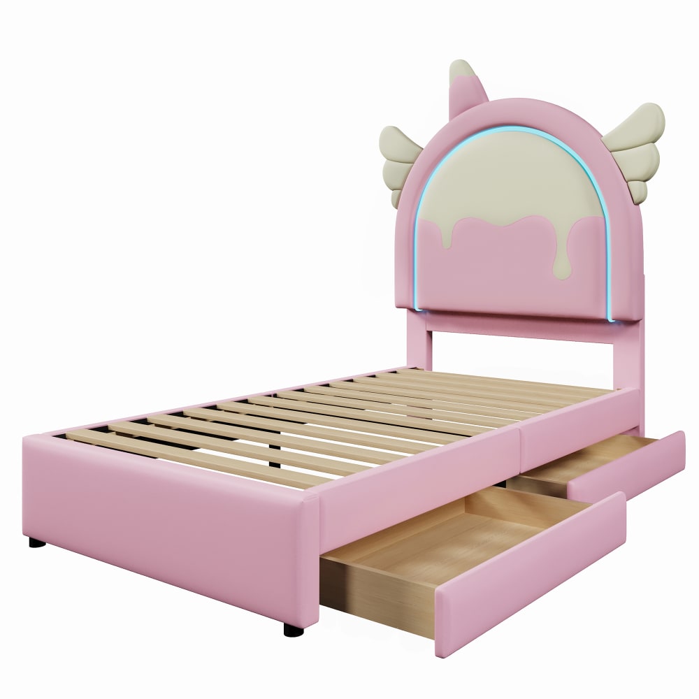 Lit enfant rose en similicuir - tiroirs