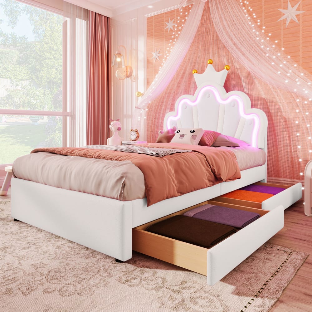 Kinderbett Leder 90x200 cm, weiß mit 2 Schubladen und LED -