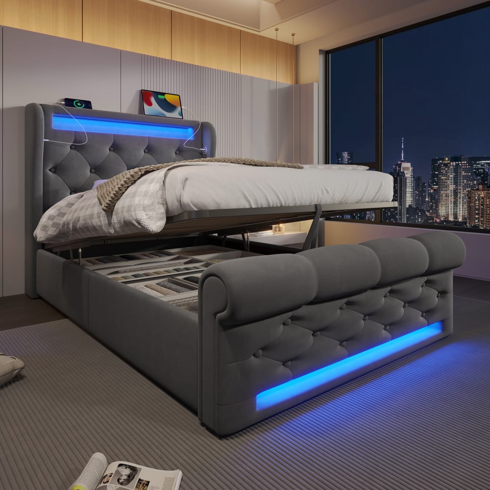 MODFU Kinderbett mit LED & USB aus Velours 90x200 cm, grau style modern Samt Baby