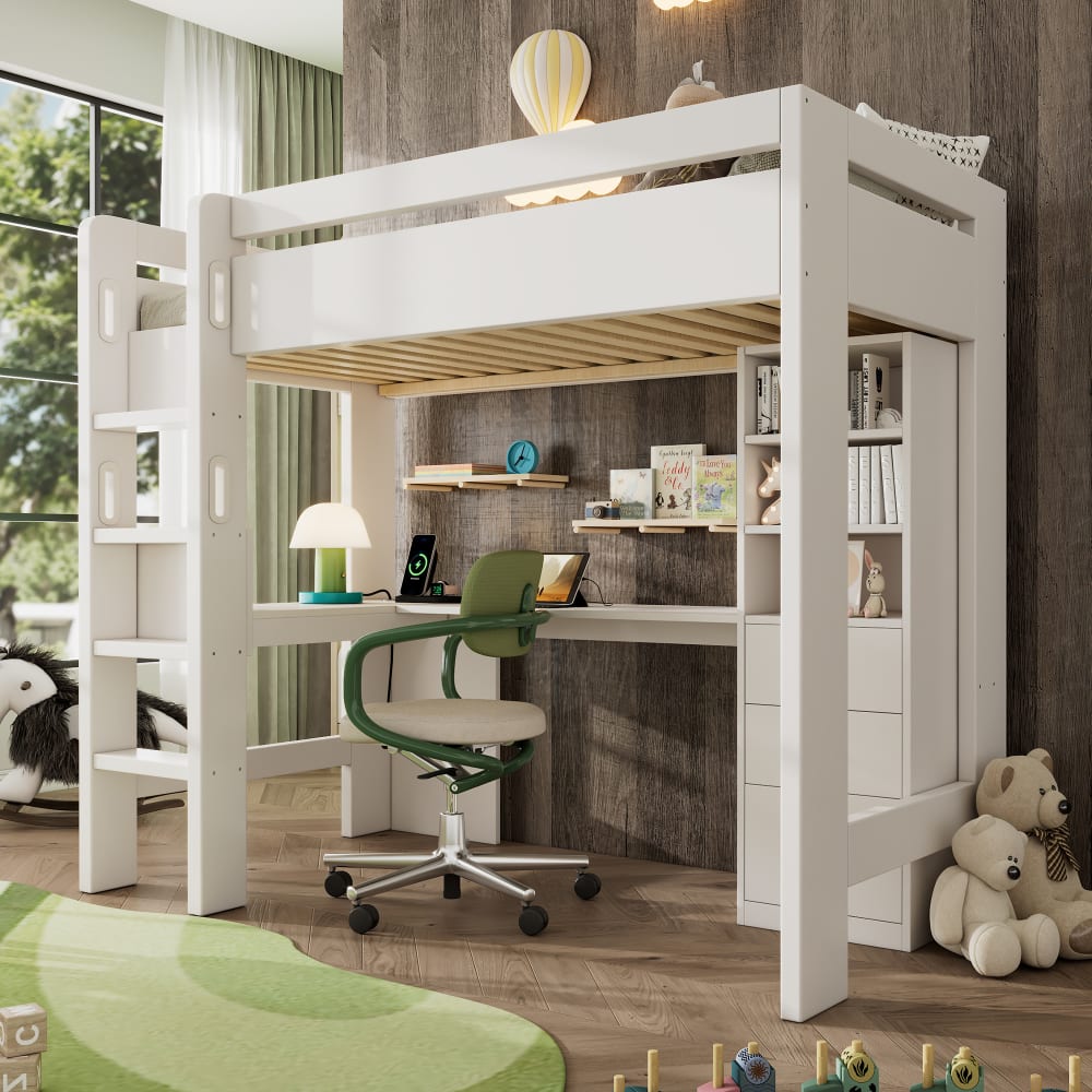 MODFU Hochbett Holz 90x200 cm, weiß mit Stauraum style modern Spanplatte Baby