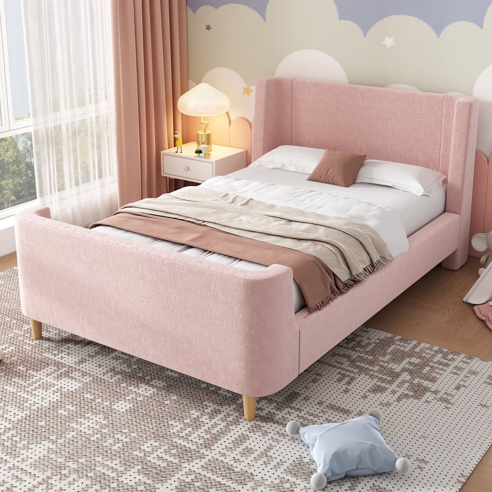 MODFU Kinderbett samt 90 x 200 cm, rosa mit kopfteil und lattenrost style modern Baby -