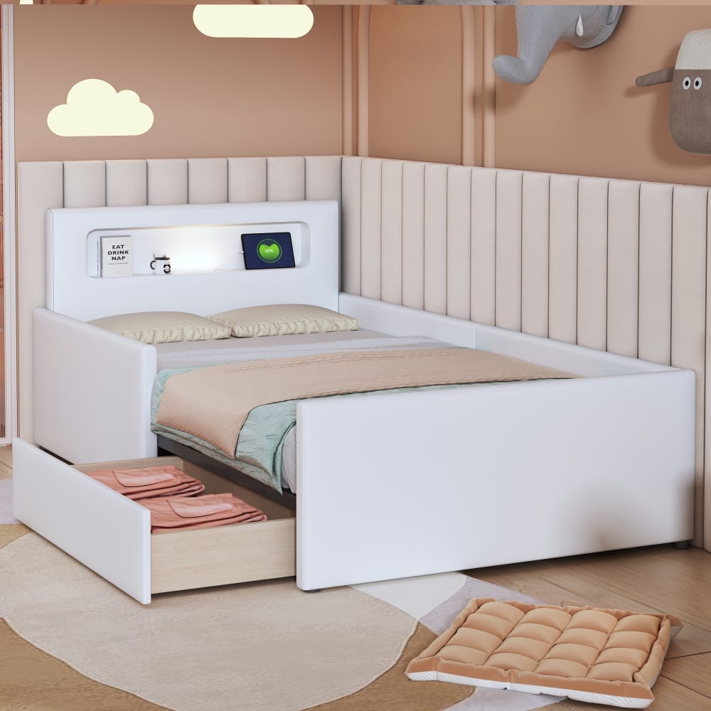 MODFU Kinderbett aus Kunstleder 90x200 cm mit Nachtlicht und USB, Weiß style modern WEISS HARZ Baby