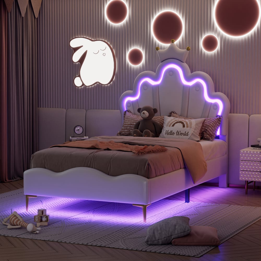 Kinderbett Leder 90x200 cm, weiß mit LED-Stimmungslicht - Maisons