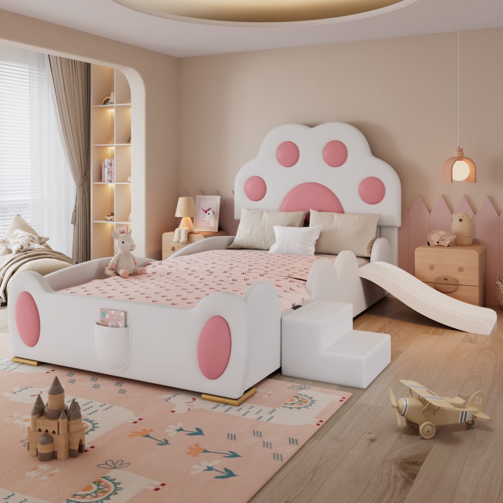 MODFU Kinderbett Leder 90x200 cm, weiß und rosa mit Leiter style modern Harz Baby