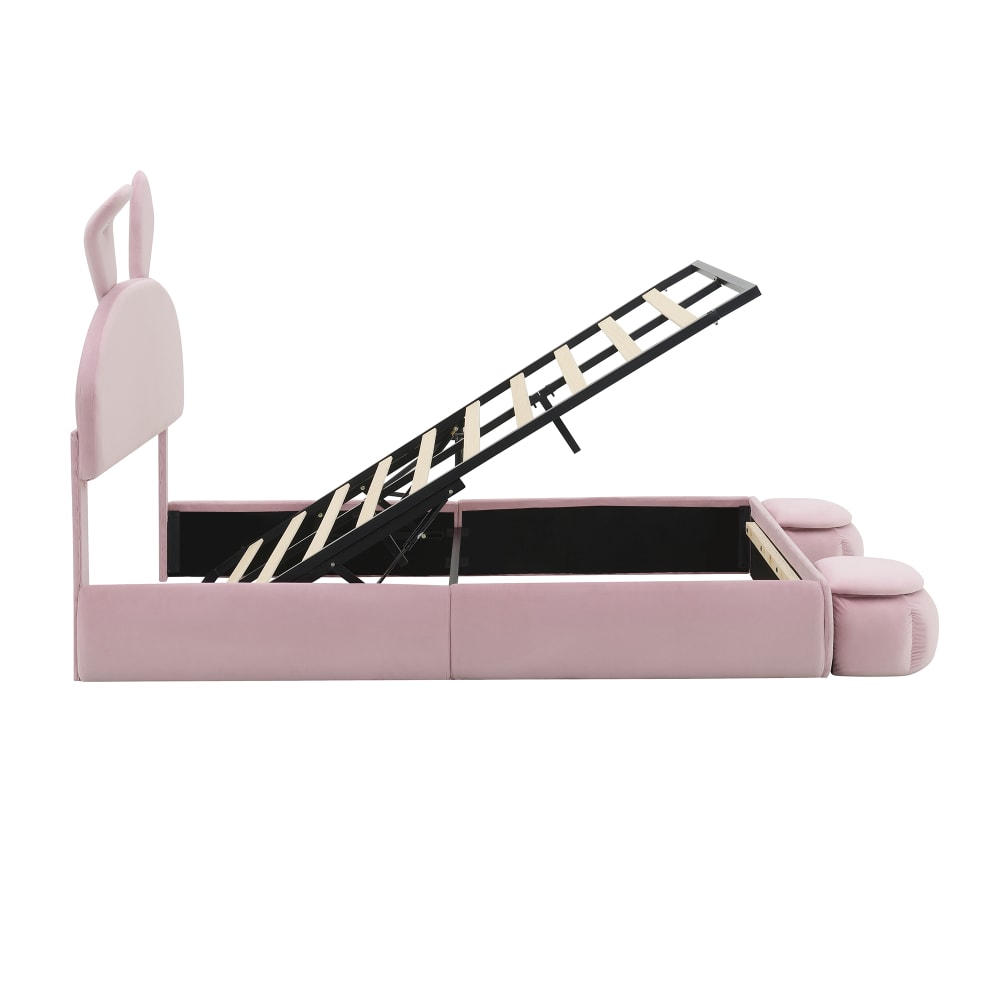 Cama alta de terciopelo rosa de 140 x 200 cm con taburetes con canapé