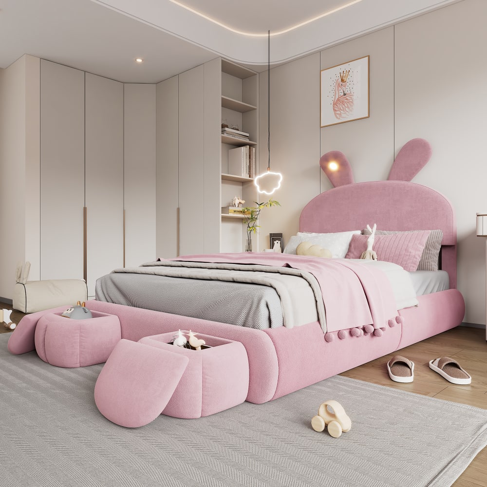 MODFU Samtbett mit Stauraum 140×200 cm, rosa mit 2 Hockern mit Stauraum style modern Samt Kinder