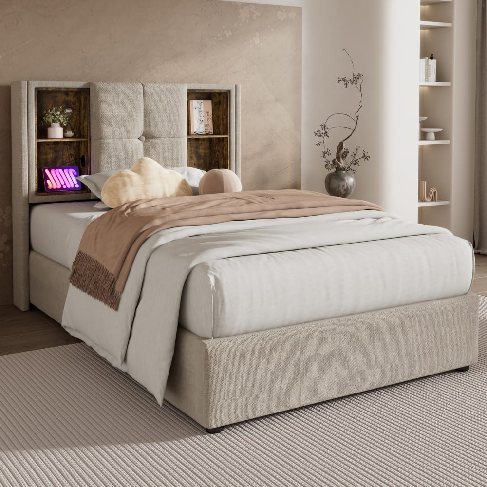 Kinderbett Leinen 90x200 cm, beige mit Stauraum - Maisons Du