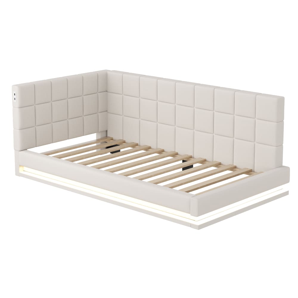 Lit enfant simple 90x200 cm avec led, sommier à lattes, lin beige
