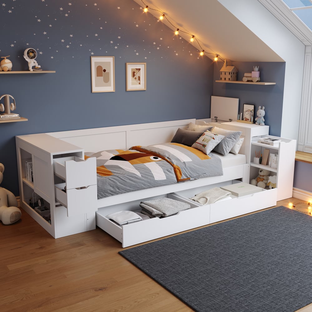 MODFU Kinderbett Mitteldichte Faserplatte 90x200 cm, weiß mit Stauraum style modern Spanplatte Baby