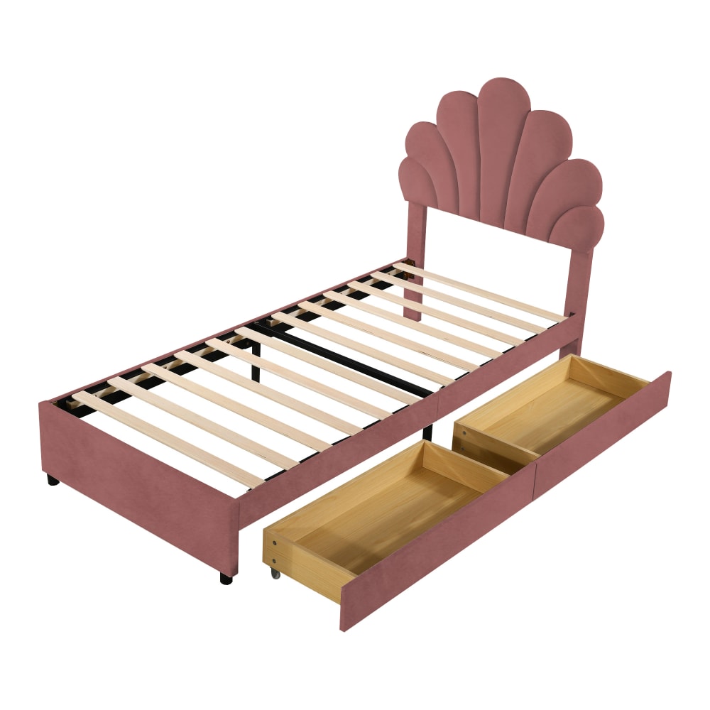 Lit enfant en velours - rose tiroirs