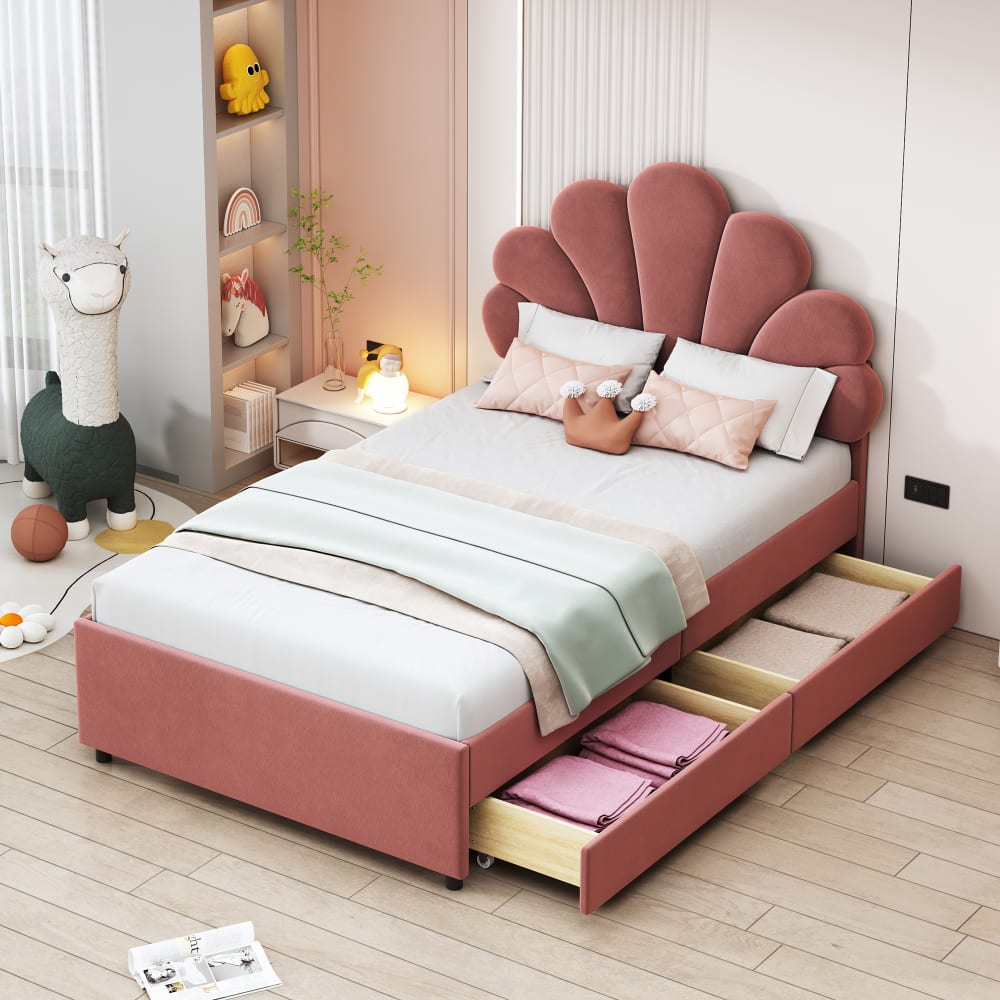 Kinderbett Velvet 90x200 cm, rosa mit 2 Schubladen - Maisons Du