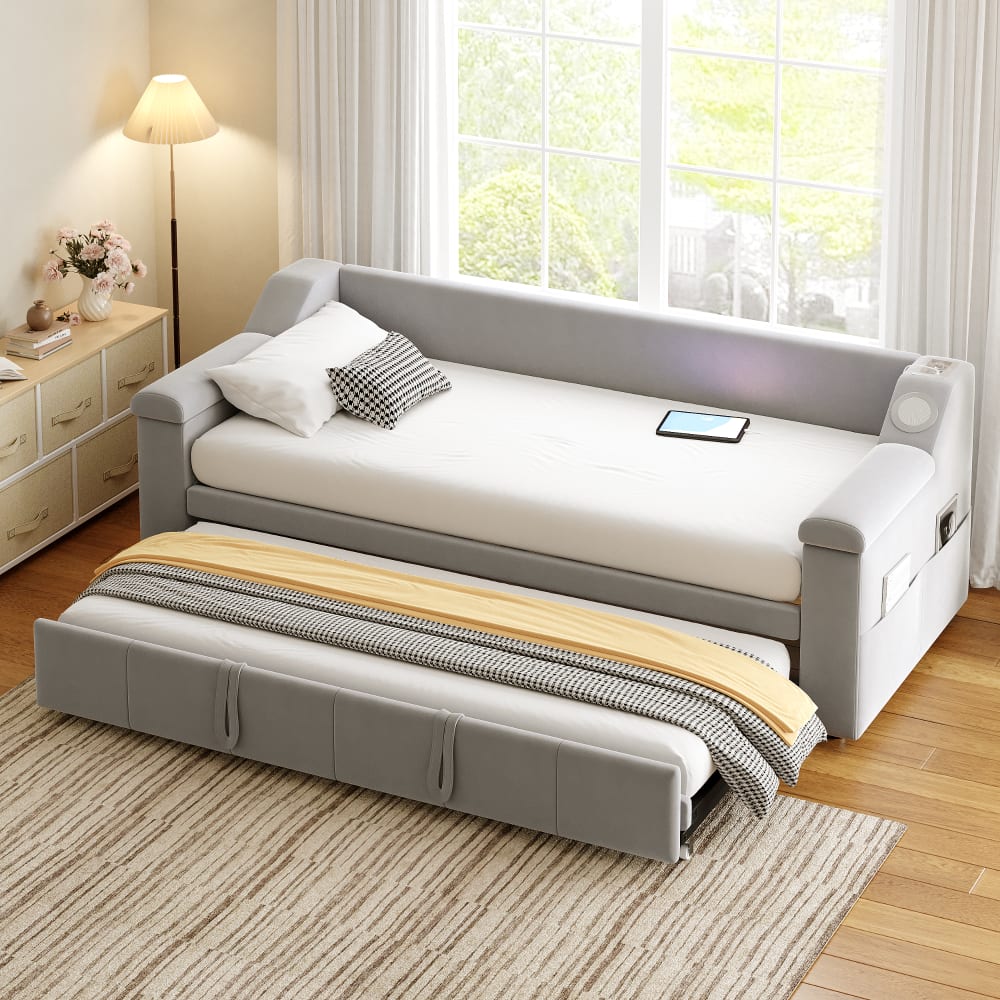 MODFU Schlafsofa Samt 90/180×190 cm, grau mit Lattenrost style modern Samt Baby
