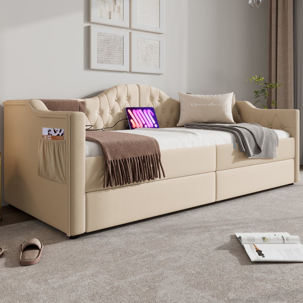 MODFU Kinderschlafsofa in samt 90x200 cm, beigem mit 2 Schubladen style modern Baby -