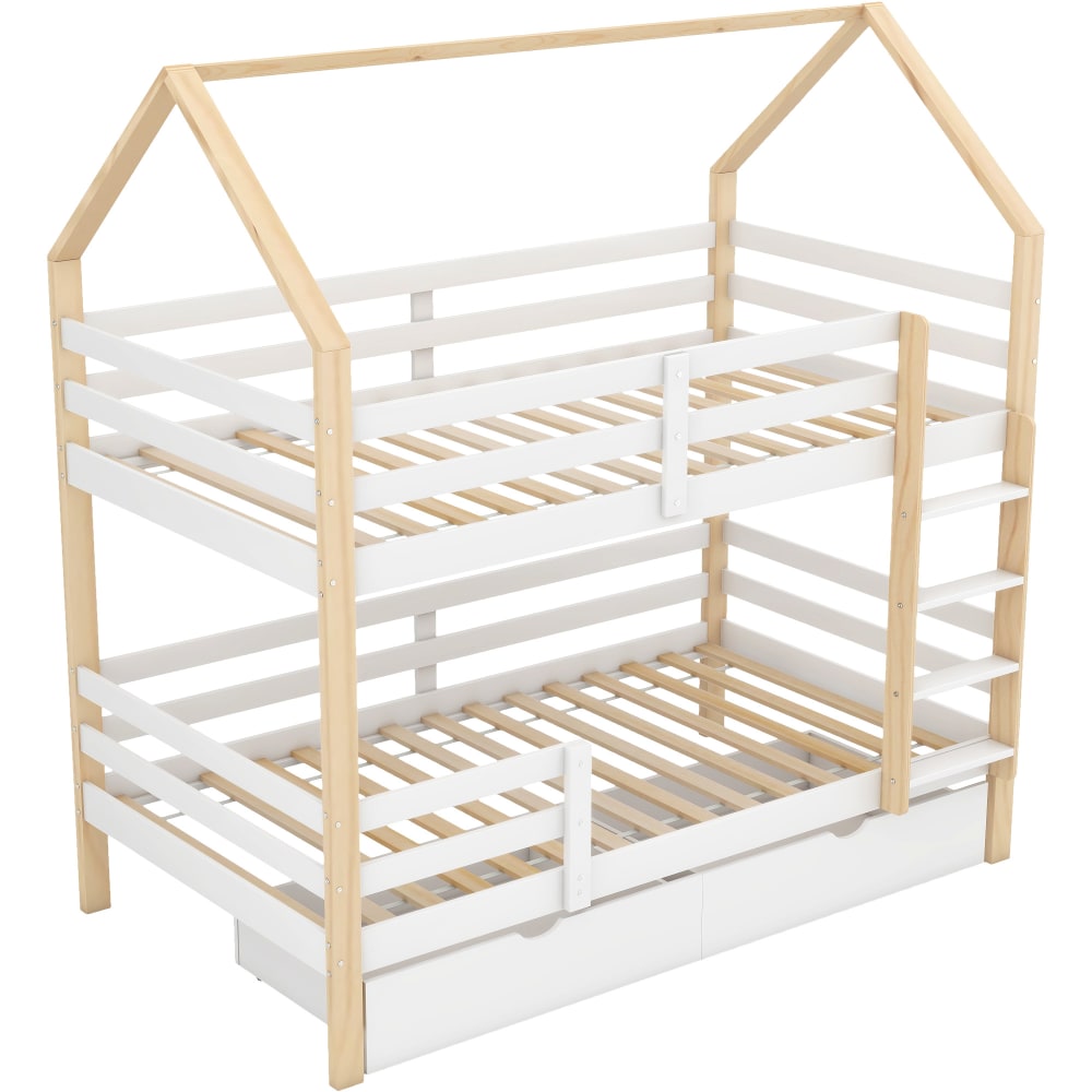 Lit superposé pin blanc/bois - tiroirs
