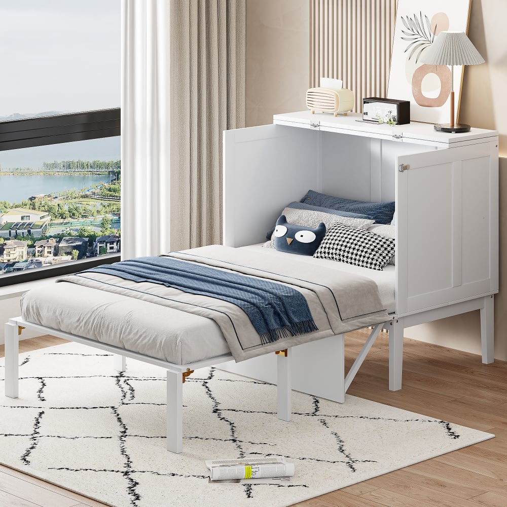 MODFU Kinder-Holzklappbett aus Holz 90x200 cm, weiß mit Lattenrost style modern Spanplatte Baby
