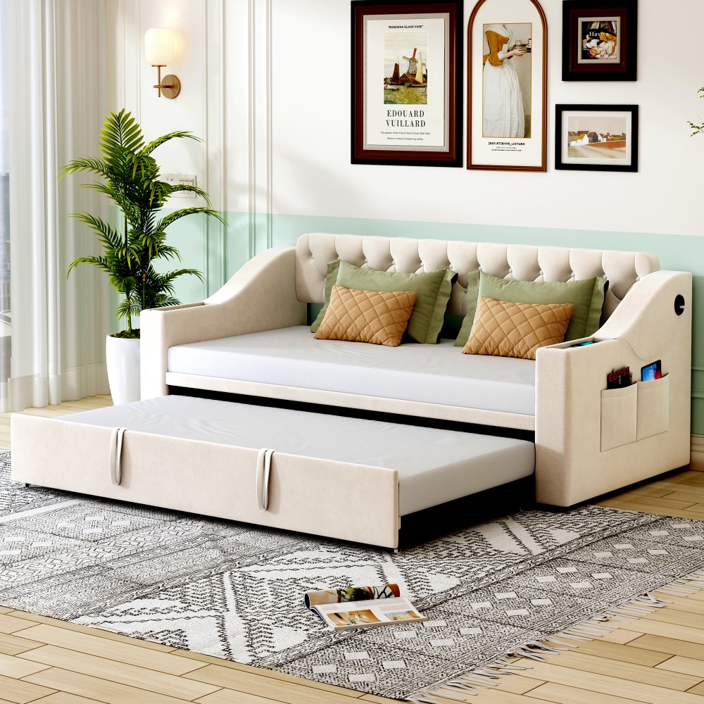 MODFU Samt-Schlafsofa 90/180x190 cm, beige mit USB-Ladeanschluss style modern Samt Baby