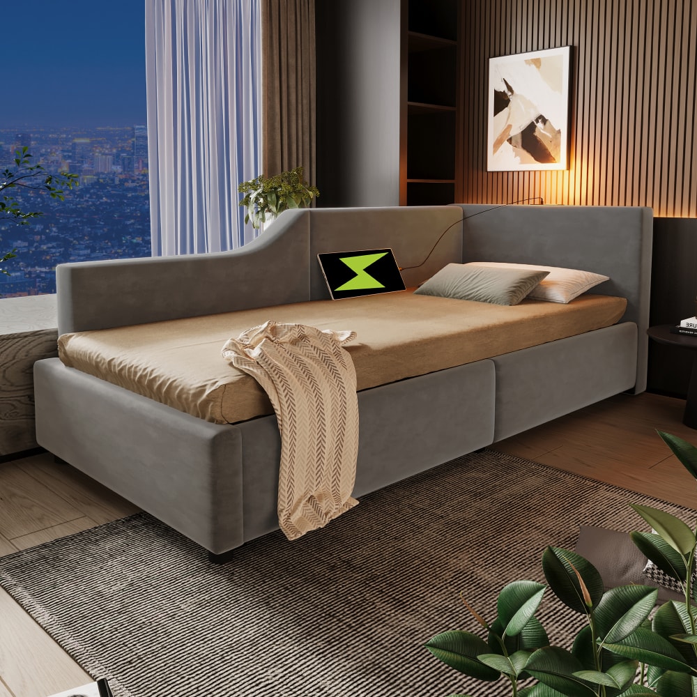 Kinderschlafsofa samt 90x200 cm, grau mit Leselicht und USB-C -