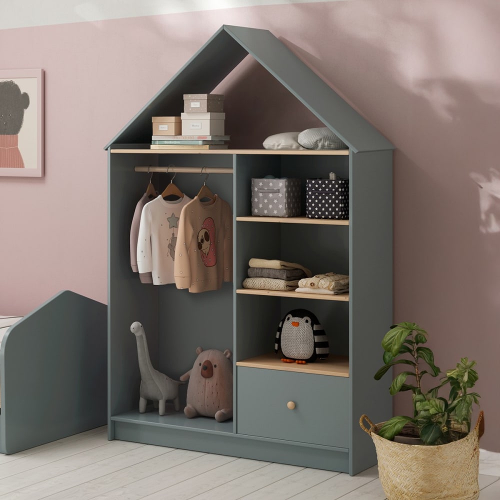 Penderie cabane enfant 1 tiroir en bois vert kaki 110 cm