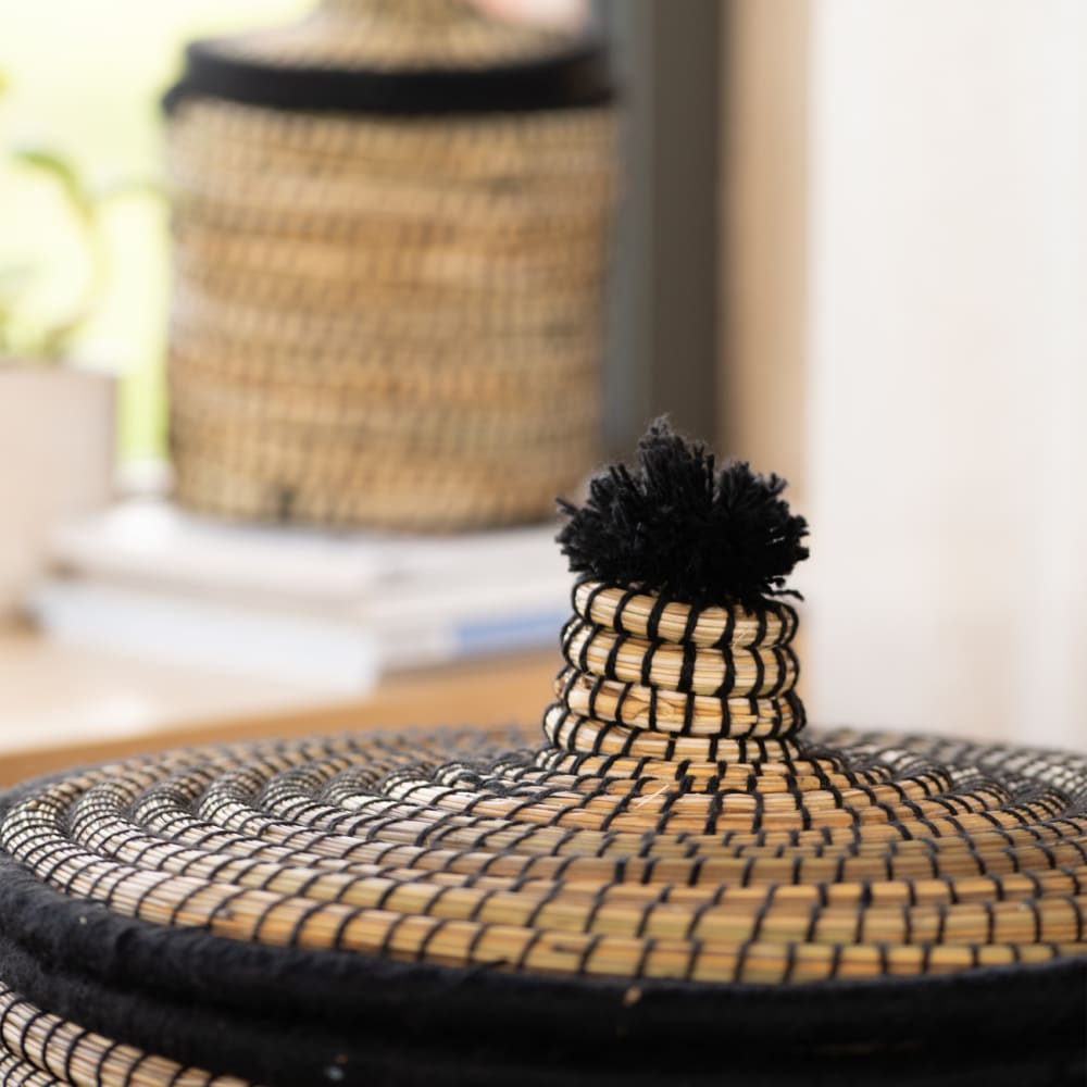 Panier à linge en fibres végétales et laine osier noir 40 x 40