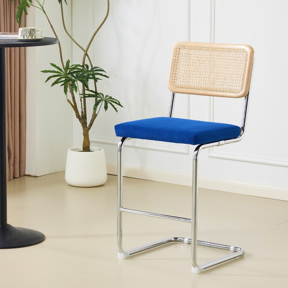 Lot de 2 tabourets de bar en cannage et velours côtelé bleu électrique