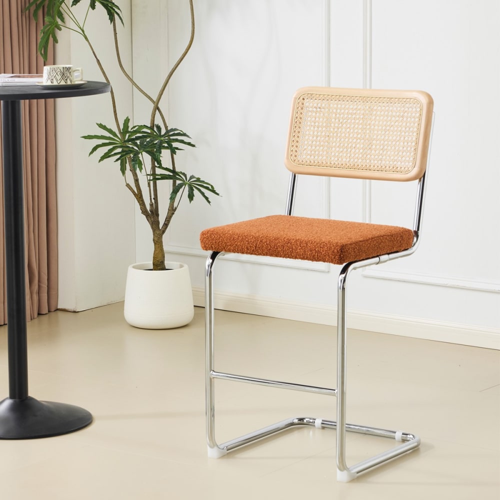 Lot de 2 tabourets de bar en cannage et tissu bouclé rouille