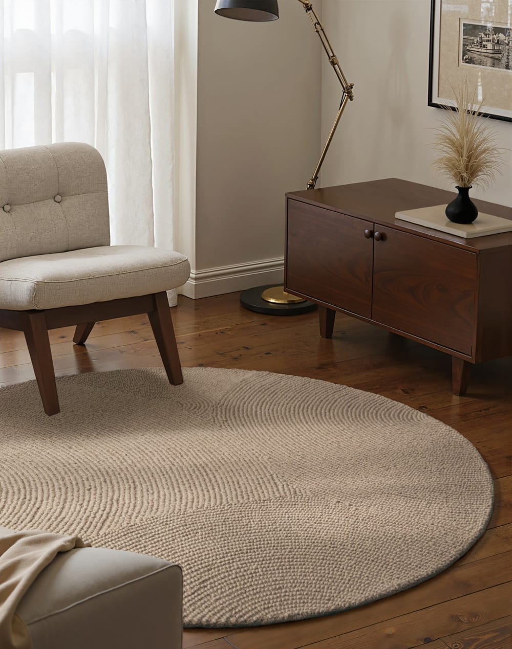 Tapis rond laine elena motifs arcs beige 120x120cm — vue 3