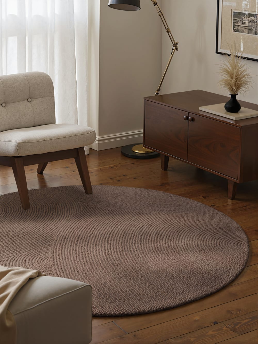 Tapis rond laine elena motifs arcs taupe 150x150cm — vue 3