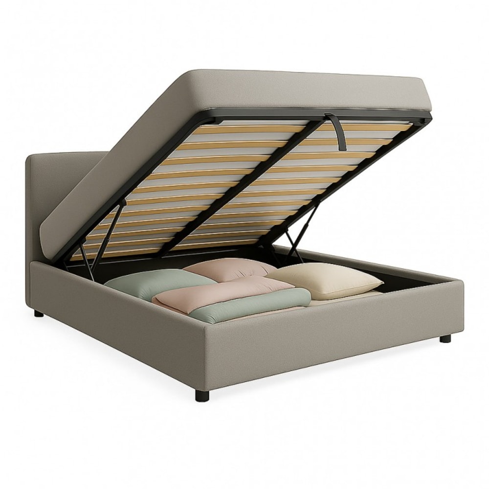 Lit coffre avec tête de lit en bouclette grise 90x190 cm