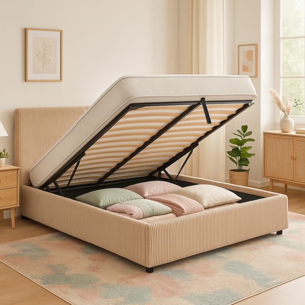 Lit coffre avec tête de lit en velours côtelé sable 180x200 cm