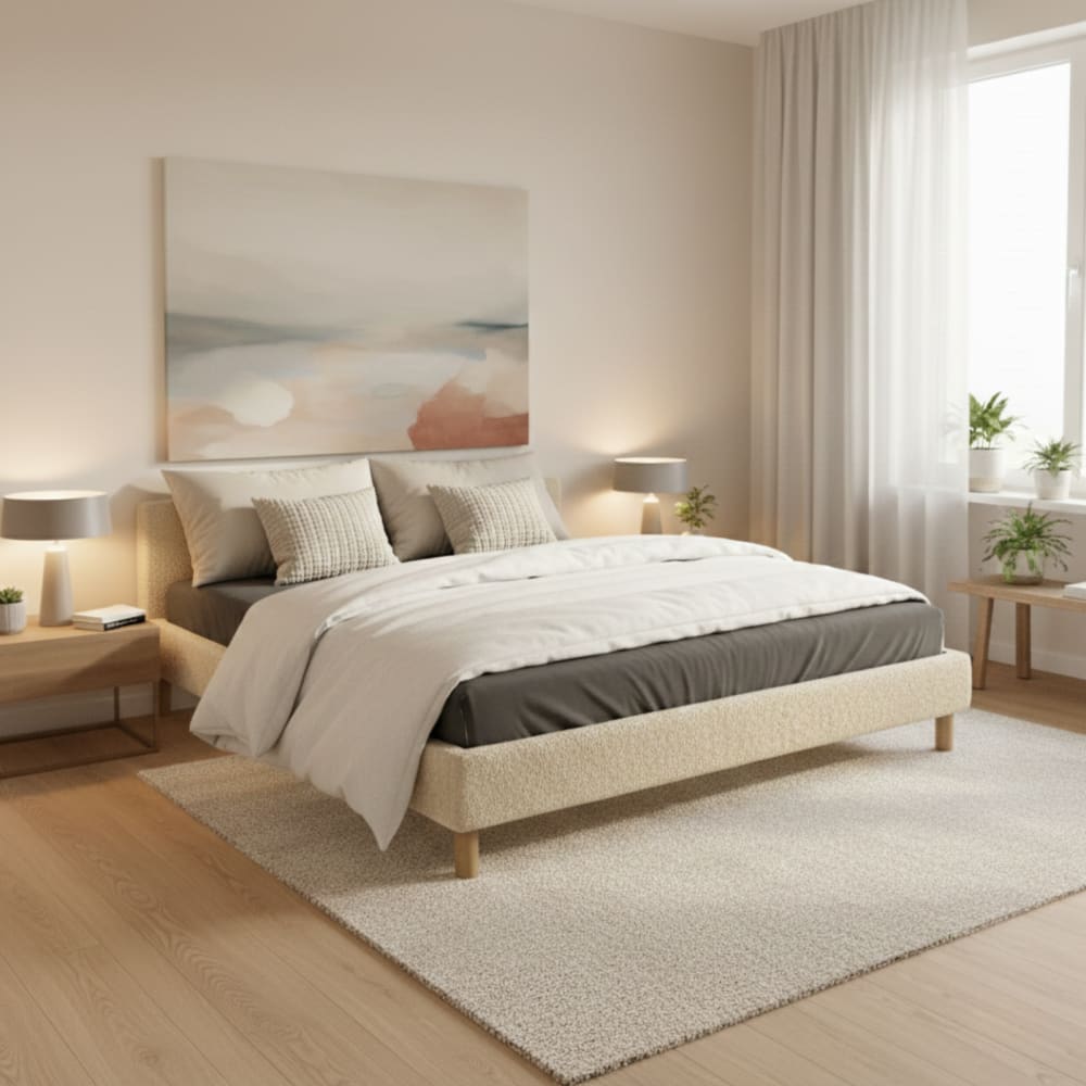 Reca Bedding Bett aus sandfarbenem Bouclé mit Lattenrost 160x200 cm style modern Beige Spanplatte