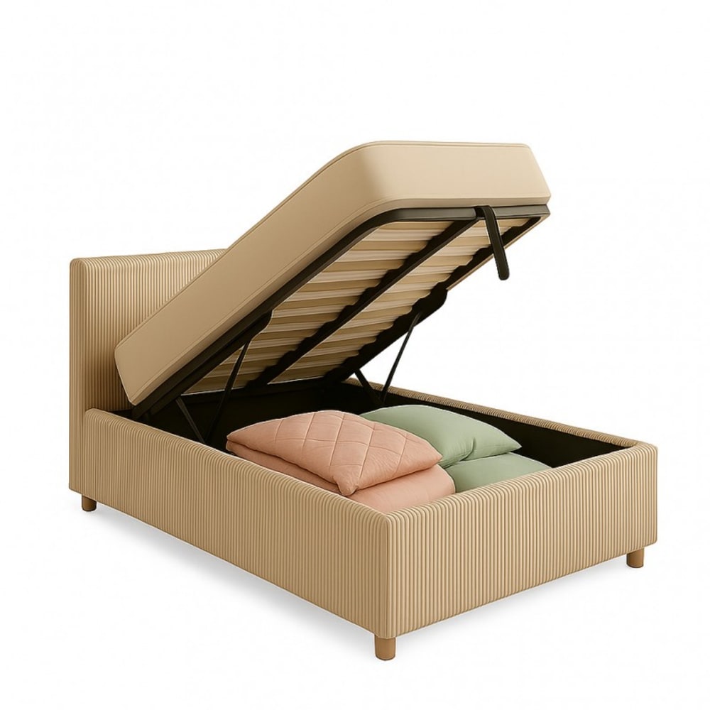 Lit coffre avec tête de lit en velours côtelé sable 90x190 cm