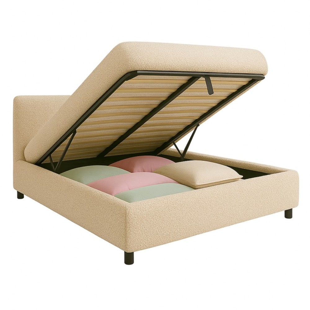 Lit coffre avec tête de lit en bouclette sable 140x190 cm