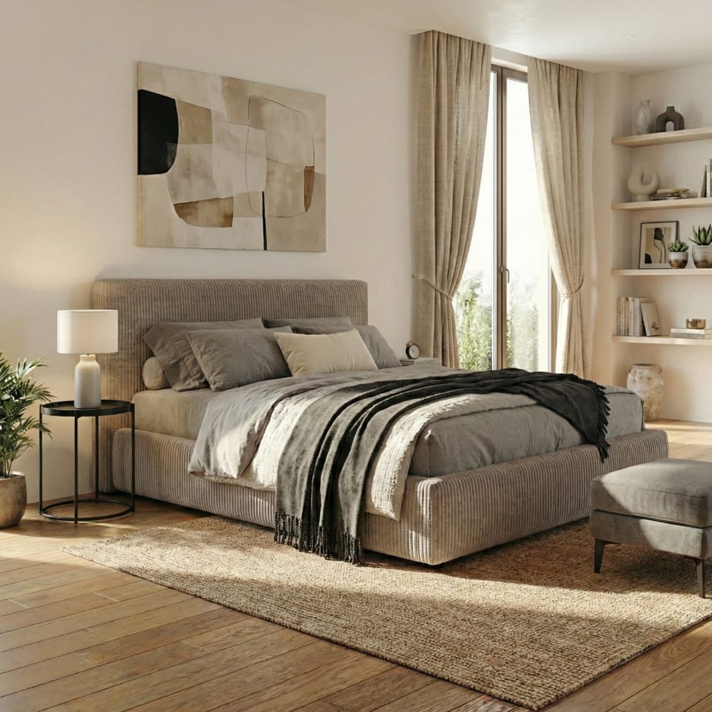 Reca Bedding Bett mit Stauraum und grauem Cord-Kopfteil 200x200 cm style modern - Spanplatte