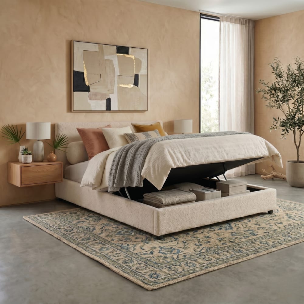 Reca Bedding Bett mit Stauraum und sandfarbenem Bouclé-Kopfteil 180x200 cm style modern Beige Spanplatte