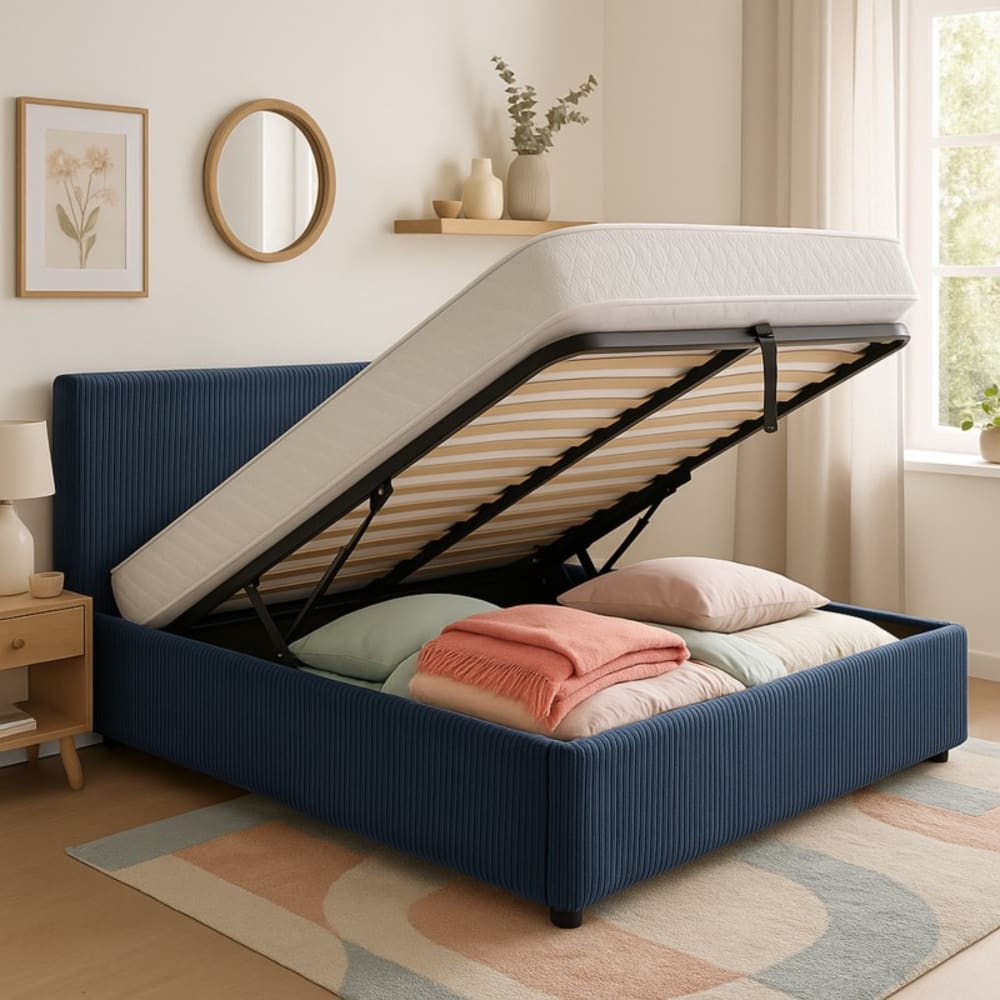 Lit coffre avec tête de lit en velours côtelé bleu 140x190 cm