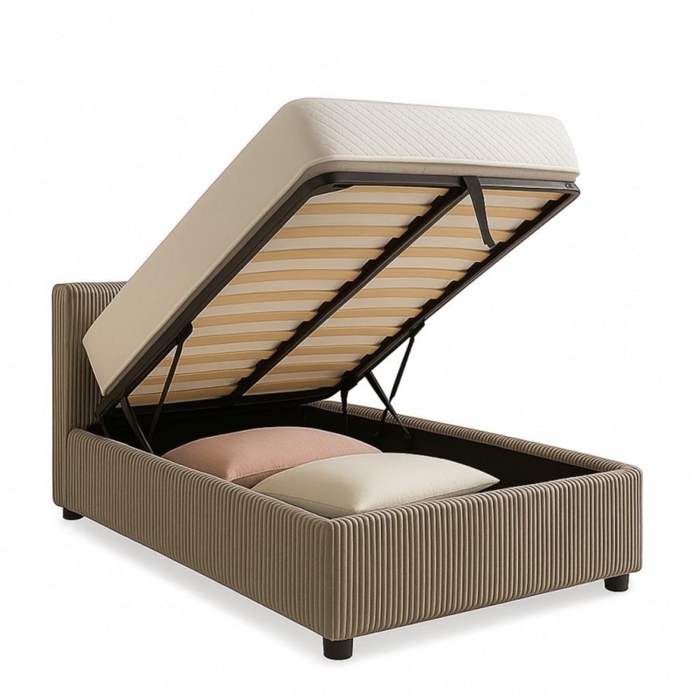 Lit coffre avec tête de lit en velours côtelé gris 90x190 cm