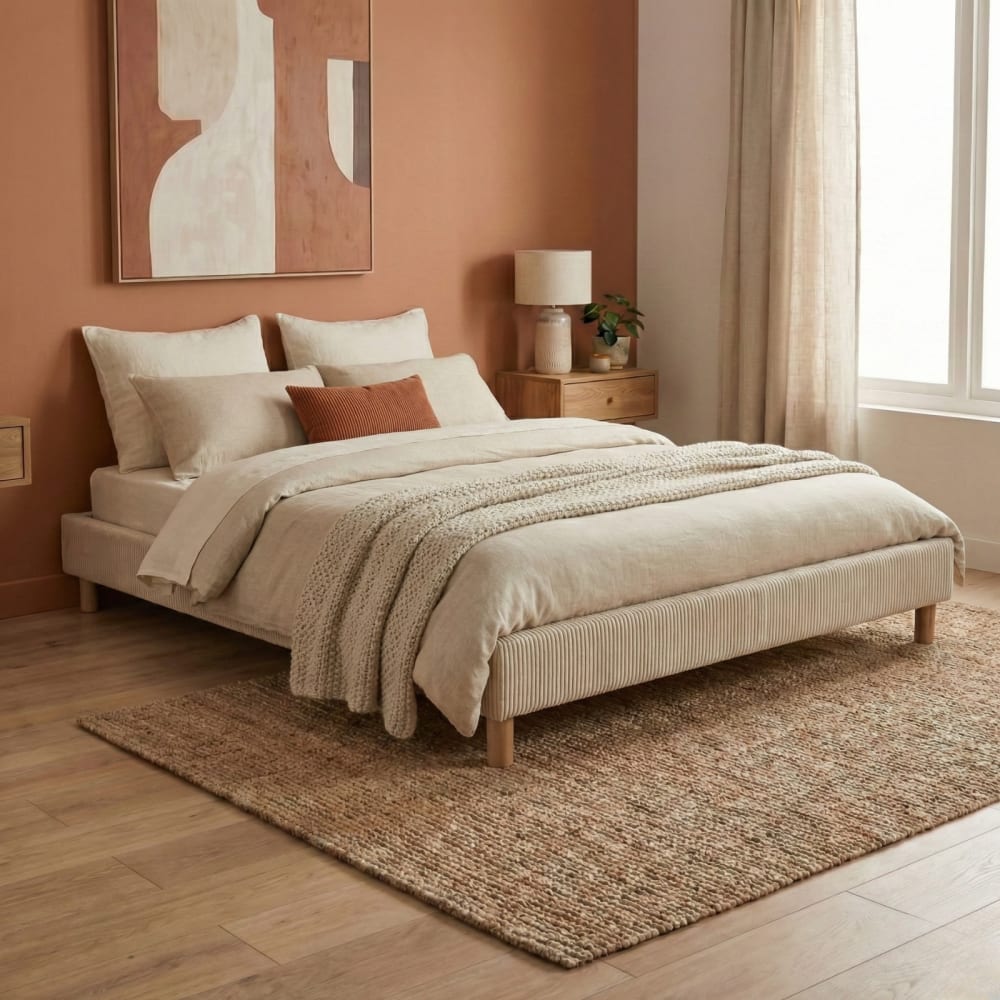 Reca Bedding Bett aus sandfarbenem Cord mit Lattenrost 160x200 cm style modern Beige Spanplatte
