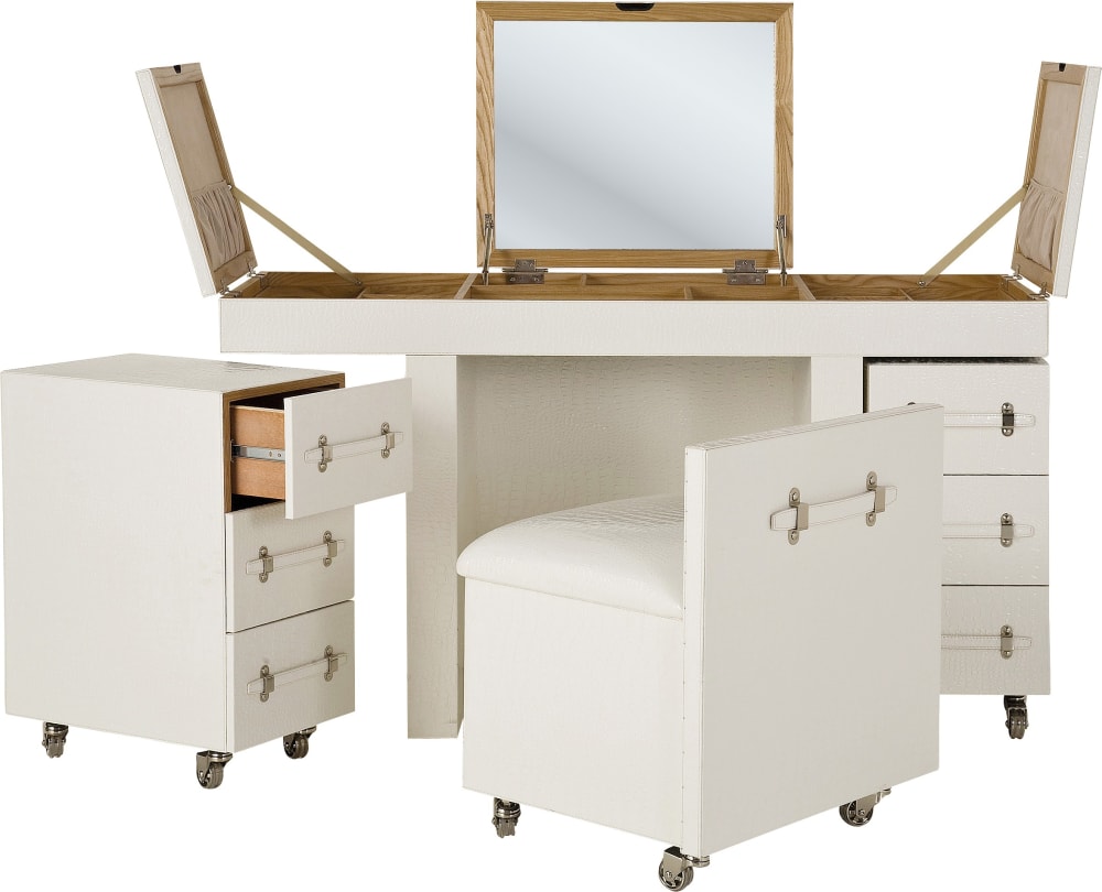 Coiffeuse sur roulettes en simili cuir croco blanc