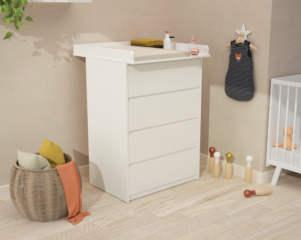 Kommode mit 4 Schubladen und Wickelfläche aus Holz, 70 cm – Weiß