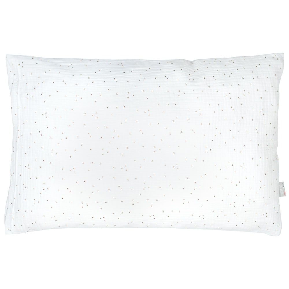 Taie+d%27oreiller+bebe+enfant+en+gaze+de+coton+blanc+à+pois+or+50x70+c