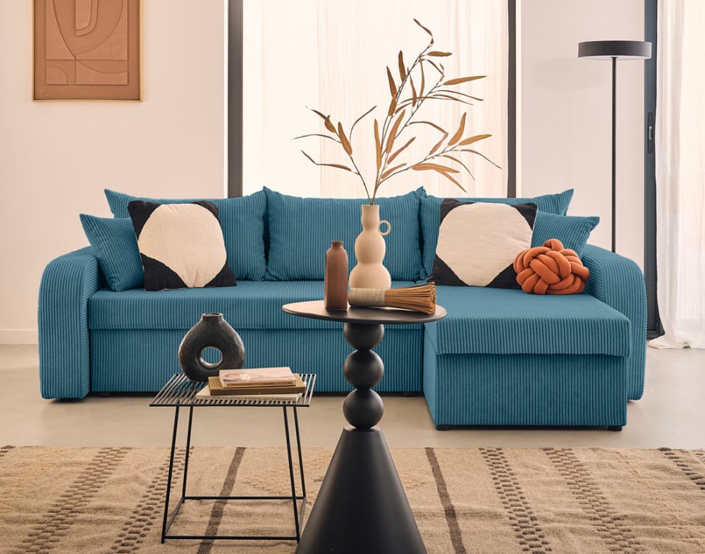 Canapé d'angle réversible 4 places en velours côtelé bleu ardoise