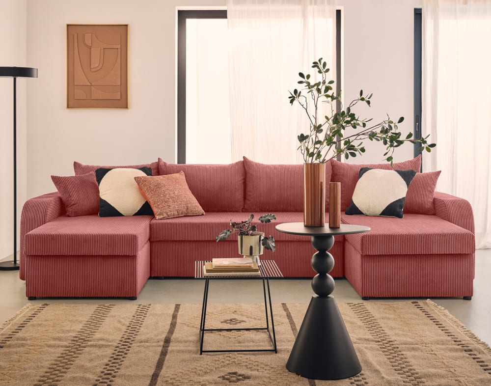 Canapé panoramique 7 places En U en Velours côtelé Rose
