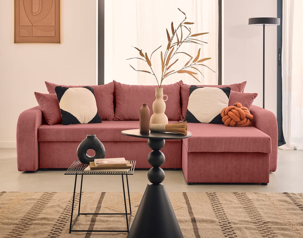 Canapé d'angle réversible 4 places en velours côtelé rose