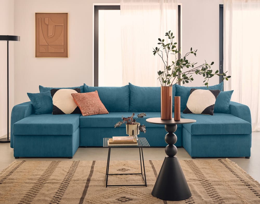 Canapé panoramique 7 places En U en Velours côtelé Bleu Ardoise