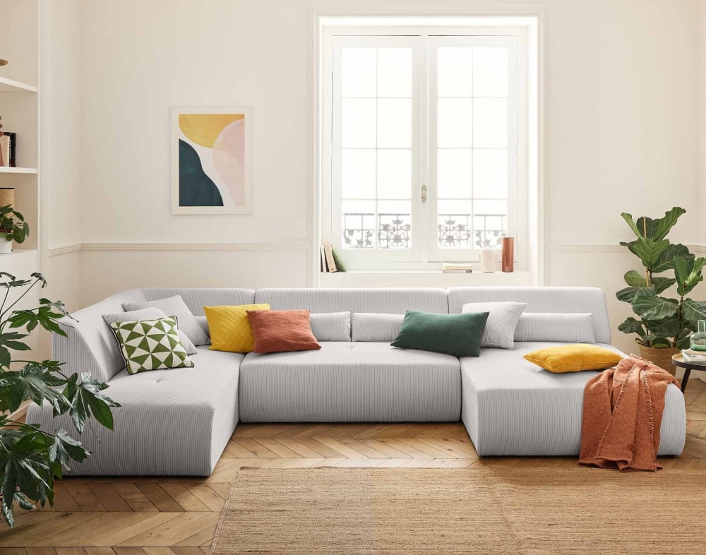 Canapé panoramique 7 places Angle gauche en Velours côtelé Gris clair