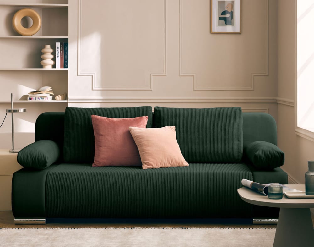 Canapé droit convertible 3 places en velours et velours côtelé vert