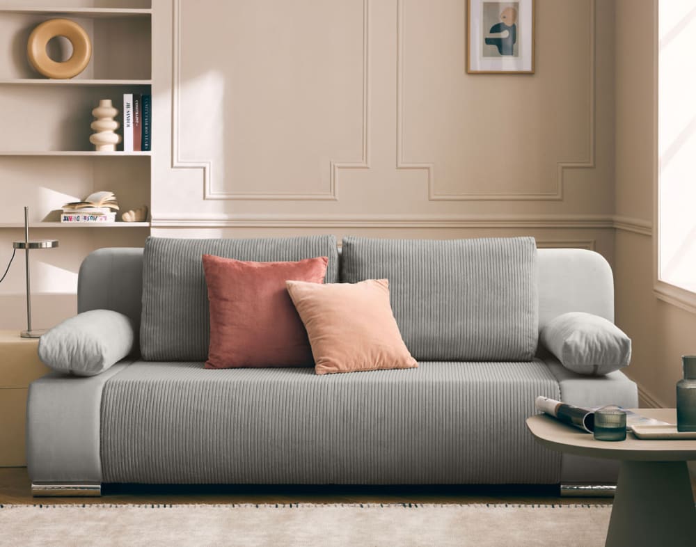 Canapé droit convertible 3 places en velours et velours côtelé gris