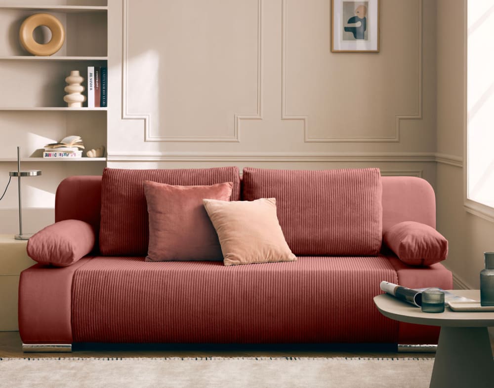 Canapé droit convertible 3 places en velours et velours côtelé rose