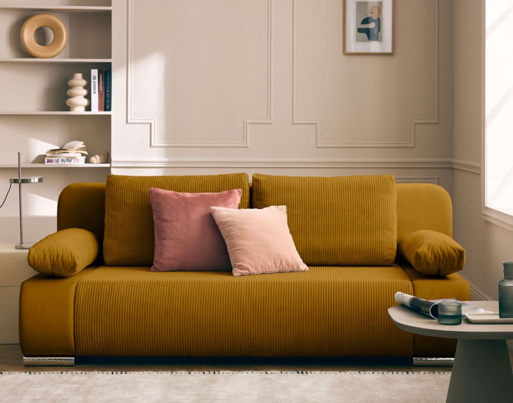 Canapé droit convertible 3 places en velours et velours côtelé jaune